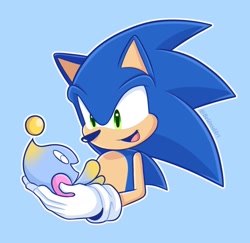 Size: 1417x1377 | Tagged: safe, artist:belen_sd_art, sonic the hedgehog, chao, 2025, blue background, carrying them, duo, eyes closed, holding them, looking at them, mouth open, neutral chao, outline, signature, simple background, smile