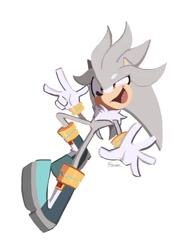 Size: 639x855 | Tagged: safe, artist:freessso, silver the hedgehog, 2025, cute, looking at viewer, mouth open, silvabetes, simple background, smile, solo, v sign, white background