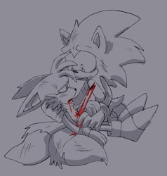 Size: 843x885 | Tagged: safe, artist:pachirizuu, miles "tails" prower, sonic the hedgehog, bleeding, blood, duo, fanfiction art, grey background, holding them, imminent death, impaled, injured, looking at them, monochrome, simple background, wound