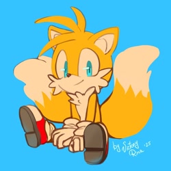 Size: 1280x1280 | Tagged: safe, artist:victoryrina, miles "tails" prower, 2025, blue background, cute, signature, simple background, sitting, smile, solo