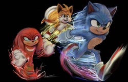 Size: 1212x781 | Tagged: safe, artist:msvartzy, knuckles the echidna, miles "tails" prower, sonic the hedgehog, sonic the hedgehog 3 (film), 2025, black background, electricity, flying, jetpack, looking offscreen, running, simple background, smile, spinning tails, team sonic, trio