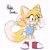 Size: 2048x2048 | Tagged: safe, artist:fluffyeviltails, artist:fluffyymel, miles "tails" prower, 2025, blushing, cute, dialogue, eye clipping through hair, gender swap, implied sonic, looking offscreen, mouth open, overalls, ribbon, signature, simple background, smile, solo, spanish text, standing, tailabetes, white background