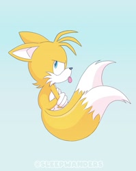 Size: 1374x1728 | Tagged: safe, artist:sleepwanders, miles "tails" prower, 2025, cute, gradient background, looking up, side view, signature, sitting, solo, tailabetes, tongue out, too cute to be taken seriously