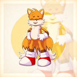 Size: 1280x1280 | Tagged: safe, artist:cosmix_sam, miles "tails" prower, 2025, abstract background, beanbrows, echo background, eyes closed, hands on hips, outline, smile, solo, standing