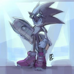 Size: 1051x1051 | Tagged: safe, artist:x_xtille, sonic the hedgehog, 2025, abstract background, extreme gear, frown, looking at viewer, male, signature, solo, sonic racing crossworlds, sonic riders, standing