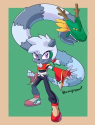 Size: 1440x1890 | Tagged: safe, artist:amipiyoart, tangle the lemur, 2023, border, clenched fist, green background, japanese clothes, looking at viewer, mask, new years, ponytail, signature, simple background, smile, solo, standing, tail hold, year of the dragon