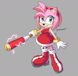 Size: 1627x1573 | Tagged: safe, artist:amipiyoart, amy rose, 2023, :3, amybetes, baseball bat, cute, electricity, grey background, holding something, looking at viewer, signature, simple background, smile, solo, standing