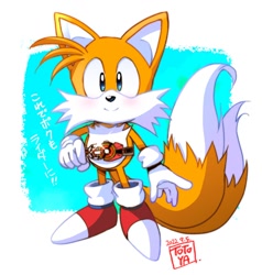 Size: 952x1000 | Tagged: safe, artist:judy_totoya, miles "tails" prower, 2022, abstract background, belt, blushing, classic sonic, cute, japanese text, looking at viewer, shine, signature, smile, solo, standing, tailabetes