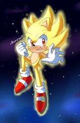 Size: 1300x2000 | Tagged: safe, artist:amipiyoart, sonic the hedgehog, super sonic, 2022, abstract background, clenched teeth, cute, flying, glowing, looking at viewer, signature, smile, solo, sonabetes, star (sky), super form