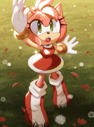 Size: 1300x1750 | Tagged: safe, artist:beeames, amy rose, 2022, dandelion, daytime, flower, grass, looking up, mouth open, outdoors, reaching up, rose, solo