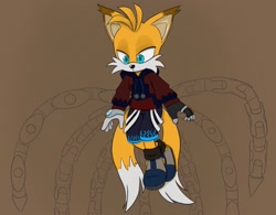 Size: 1920x1500 | Tagged: safe, artist:riri_galpal, miles "tails" prower, nine, sonic prime, 2025, alternate outfit, brown background, frown, hoodie, looking down, shorts, simple background, solo