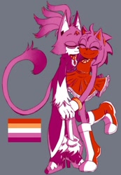 Size: 812x1174 | Tagged: safe, artist:princyvish, amy rose, blaze the cat, 2025, amy x blaze, cute, duo, eyes closed, grey background, holding hands, lesbian, lesbian pride, limited palette, pride, shipping, simple background, smile, standing, standing on one leg