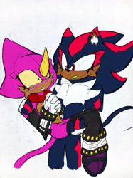 Size: 2048x2731 | Tagged: safe, artist:team-chaotix-daily, espio the chameleon, shadow the hedgehog, 2025, blushing, bridal carry, carrying them, chest fluff, claws, duo, ear fluff, eyelashes, gay, green tongue, hands together, mouth open, shadpio, shipping, shrunken pupils, simple background, white background, yellow sclera