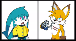 Size: 2048x1121 | Tagged: safe, artist:papagabu, kit the fennec, miles "tails" prower, 2025, alternate universe, au:metal breakers, border, chipped ear, coat, duo, frown, hands on hips, looking at viewer, looking offscreen, mouth open, prosthetic, redesign, scar, simple background, white background