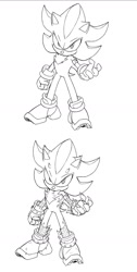 Size: 1213x2400 | Tagged: safe, artist:papagabu, shadow the hedgehog, 2025, alternate universe, au:metal breakers, corruption, line art, looking at viewer, monochrome, simple background, solo, white background