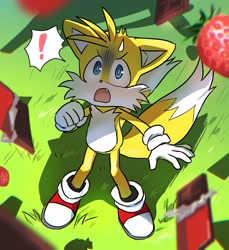 Size: 1181x1292 | Tagged: safe, artist:s2_lina_, miles "tails" prower, 2025, chocolate, daytime, exclamation mark, food, grass, looking up, mouth open, one fang, outdoors, shadow (lighting), shocked, solo, standing, strawberry, sweatdrop