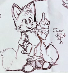 Size: 1926x2048 | Tagged: safe, artist:msvartzy, miles "tails" prower, sonic the hedgehog 3 (film), 2025, english text, hand on hip, line art, looking offscreen, monochrome, mouth open, pointing, smile, solo, standing, traditional media