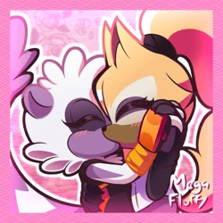 Size: 2048x2048 | Tagged: safe, artist:megafluffydraws, tangle the lemur, whisper the wolf, 2025, abstract background, border, cute, duo, eyes closed, holding hands, kiss, lesbian, outline, shipping, signature, tangle x whisper