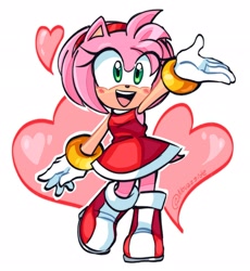 Size: 1885x2048 | Tagged: safe, artist:novazside, amy rose, 2025, abstract background, amybetes, blushing, cute, eye clipping through hair, hand up, heart, looking offscreen, mouth open, outline, smile, solo, standing