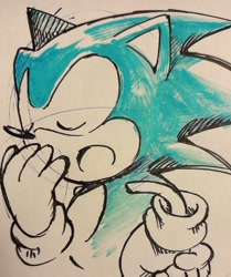 Size: 1178x1411 | Tagged: safe, artist:5d_yk5302, sonic the hedgehog, 2025, classic sonic, eyes closed, mouth open, redraw, solo, traditional media, yawning