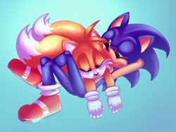 Size: 1600x1200 | Tagged: safe, artist:meatball5879, miles "tails" prower, sonic the hedgehog, 2025, arms behind head, duo, eyes closed, gay, gradient background, lying down, lying on them, shipping, sleeping, smile, sonic x tails