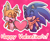 Size: 1888x1551 | Tagged: safe, artist:triplettailedfox, miles "tails" prower, sonic the hedgehog, 2025, abstract background, aged up, bandana, duo, ear fluff, ear piercing, earring, english text, eyes closed, gay, heart, holding something, mobius.social exclusive, mouth open, older, one fang, shipping, signature, smile, sonic x tails, valentine's day