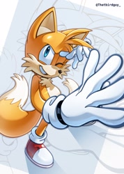 Size: 1460x2048 | Tagged: safe, artist:thatbirdguy_, miles "tails" prower, 2025, echo background, looking at viewer, signature, smile, solo, standing, wink