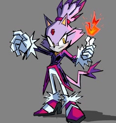 Size: 1381x1465 | Tagged: safe, artist:synthy_guy, blaze the cat, 2025, fire, flame, frown, grey background, looking offscreen, shadow (lighting), simple background, solo, standing