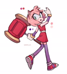 Size: 1862x2048 | Tagged: safe, artist:lymone_es, amy rose, 2025, :o, holding something, looking at viewer, looking back, looking back at viewer, looking over shoulder, mouth open, piko piko hammer, signature, simple background, solo, sonic boom (tv), standing, walking, white background