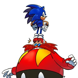 Size: 2000x2000 | Tagged: safe, artist:brinst, robotnik, sonic the hedgehog, human, 2025, classic robotnik, classic sonic, duo, hands on hips, on head, signature, simple background, smile, surprised, white background