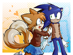 Size: 2547x1911 | Tagged: safe, artist:casiovision, miles "tails" prower, sonic the hedgehog, alternate outfit, alternate universe, au:satam shadow-rewrite, blue eyes, blue fur, brown fur, clothes, duo, gloves, green eyes, half r63 shipping, heart, heart eyes, hoodie, hugging, hugging arm, jacket, mouth open, shipping, skirt, smile, sonic x tails, straight, trans female, trans girl tails, transgender