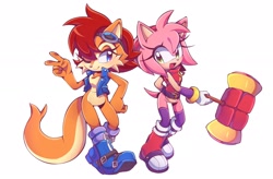 Size: 2156x1412 | Tagged: safe, artist:echaotix, amy rose, sally acorn, alternate outfit, duo, kangaroo, piko piko hammer, smile, species swap