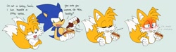 Size: 2047x606 | Tagged: safe, artist:pachirizuu, miles "tails" prower, sonic the hedgehog, 2025, age difference, arms folded, blushing, bottle, chili dog, dialogue, duo, eating, english text, flat colors, food, gay, green background, holding something, hot sauce, lidded eyes, looking at each other, looking offscreen, proship, sauce, shipping, simple background, smile, sonic x tails, sweatdrop