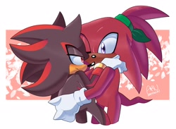 Size: 2048x1503 | Tagged: safe, artist:aruartpaca, knuckles the echidna, shadow the hedgehog, 2025, abstract background, duo, frown, gay, hair up, holding each other, knuxadow, looking at them, one eye closed, ponytail, shipping, signature, standing, valentine's day