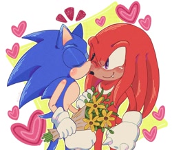 Size: 1378x1200 | Tagged: safe, artist:lukzfyu, knuckles the echidna, sonic the hedgehog, 2025, abstract background, blushing, cute, duo, eyes closed, flower, flower bouquet, gay, heart, holding something, kiss on cheek, knucklebetes, knuxonic, looking at them, one fang, outline, shipping, smile, sonabetes, standing, sunflower, valentine's day