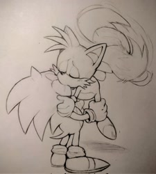 Size: 1842x2048 | Tagged: safe, artist:funkiepoop, miles "tails" prower, sonic the hedgehog, 2025, classic sonic, classic tails, drooling, duo, eyes closed, flying, gay, holding each other, kiss, line art, monochrome, pencilwork, saliva, shipping, sonic x tails, spinning tails, standing, traditional media