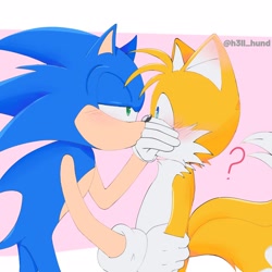 Size: 2048x2048 | Tagged: safe, artist:h3ll_hund, miles "tails" prower, sonic the hedgehog, 2025, abstract background, blushing, blushing ears, covering another's mouth, duo, gay, kiss on hand, lidded eyes, looking at each other, question mark, shipping, signature, sonic x tails, standing, valentine's day