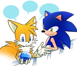 Size: 1321x1139 | Tagged: safe, artist:zhong_iikawa, miles "tails" prower, sonic the hedgehog, 2025, chaos emerald, fence, holding something, leaning, looking at something, looking at them, railing, simple background, smile, solo, speech bubble, standing, white background