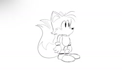 Size: 1531x916 | Tagged: safe, artist:justin61894350, miles "tails" prower, 2025, classic tails, cute, line art, looking offscreen, monochrome, no mouth, simple background, solo, standing, white background