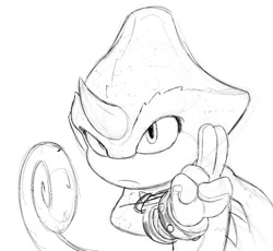 Size: 1448x1330 | Tagged: safe, artist:justin61894350, espio the chameleon, 2025, frown, line art, looking offscreen, monochrome, movie style, simple background, solo, white background