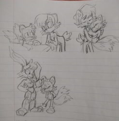 Size: 2018x2048 | Tagged: safe, artist:pachirizuu, bunnie rabbot, miles "tails" prower, sally acorn, 2025, head pat, headcanon, hugging, line art, monochrome, pencilwork, sketch, sonic satam, standing, traditional media, trio, younger