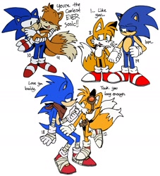 Size: 1388x1530 | Tagged: safe, artist:pachirizuu, miles "tails" prower, sonic the hedgehog, adventures of sonic the hedgehog, 2025, age difference, carrying them, dialogue, duo, english text, eyes closed, flat colors, gay, hand under chin, headcanon, holding hands, looking at each other, modern sonic, modern tails, shipping, simple background, sonic boom (tv), sonic x tails, standing, underage, white background