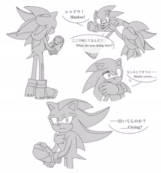 Size: 1909x2048 | Tagged: safe, artist:ktkt5572, maria robotnik, shadow the hedgehog, sonic the hedgehog, 2025, dialogue, duo, english text, greyscale, holding something, japanese text, looking at each other, monochrome, simple background, standing, stuffed animal, white background