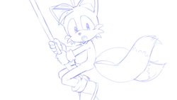 Size: 1248x702 | Tagged: safe, artist:seen023hey, miles "tails" prower, 2025, holding something, line art, looking down, monochrome, mouth open, pole, simple background, solo, white background