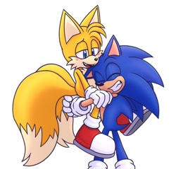 Size: 808x771 | Tagged: safe, artist:jeffydust, miles "tails" prower, sonic the hedgehog, 2024, blushing, carrying them, duo, eyes closed, gay, holding each other, lidded eyes, looking at them, mouth open, older, one fang, shipping, simple background, smile, sonic x tails, standing, white background