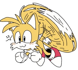 Size: 643x581 | Tagged: safe, artist:cuppylocker, miles "tails" prower, 2024, :3, blushing, clenched fists, cute, flat colors, flying, looking offscreen, simple background, smile, solo, spinning tails, white background