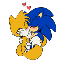 Size: 1887x2011 | Tagged: safe, artist:triplettailedfox, miles "tails" prower, sonic the hedgehog, 2025, blushing, duo, eyes closed, flat colors, gay, heart, holding them, kiss, mobius.social exclusive, shipping, signature, simple background, sonic x tails, standing, transparent background, wrapped in tails