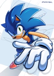 Size: 1460x2048 | Tagged: safe, artist:thatbirdguy_, sonic the hedgehog, 2025, clenched teeth, echo background, looking at viewer, signature, smile, solo