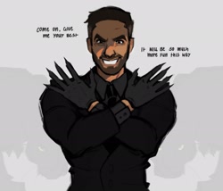 Size: 2048x1755 | Tagged: safe, artist:lemonzzset, agent stone, human, 2025, claws, clenched teeth, dialogue, english text, grey background, looking offscreen, simple background, smile, solo, standing