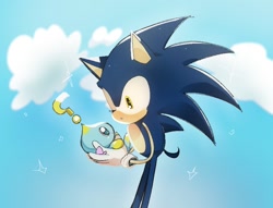 Size: 1206x923 | Tagged: safe, artist:fbn_54, sonic the hedgehog, chao, 2025, abstract background, alternate eye color, carrying them, clenched teeth, clouds, daytime, duo, holding them, looking at each other, neutral chao, outdoors, question mark, sparkles, standing, yellow eyes